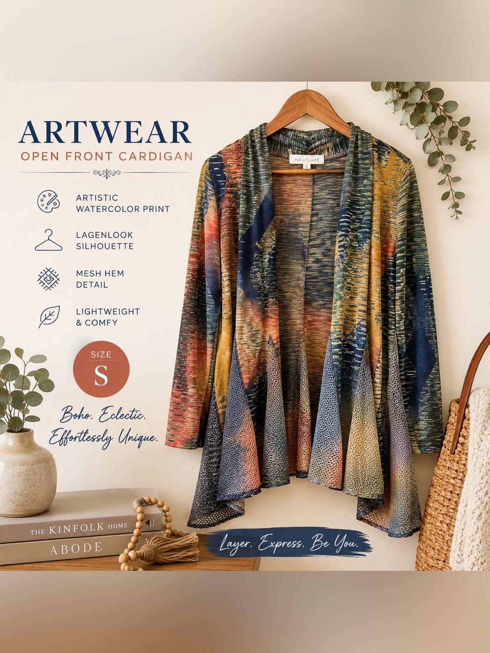 Derek Heart Artwear Boho Lagenlook Watercolor Mesh Hem Open Cardigan S Top F07
